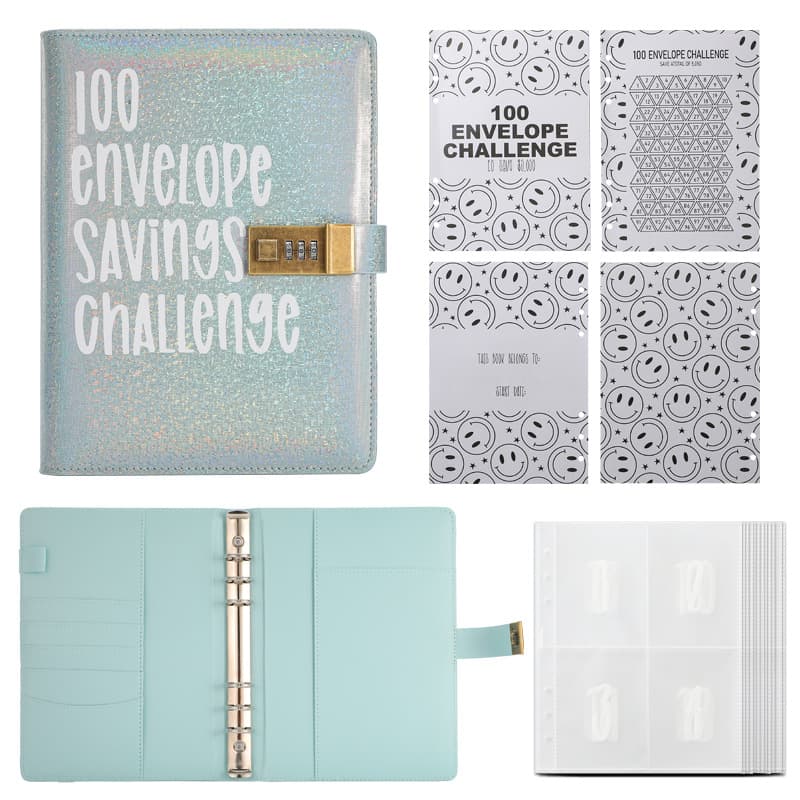 100 Envelope Savings Challenge Binder with Password Lock - Glitter Blue