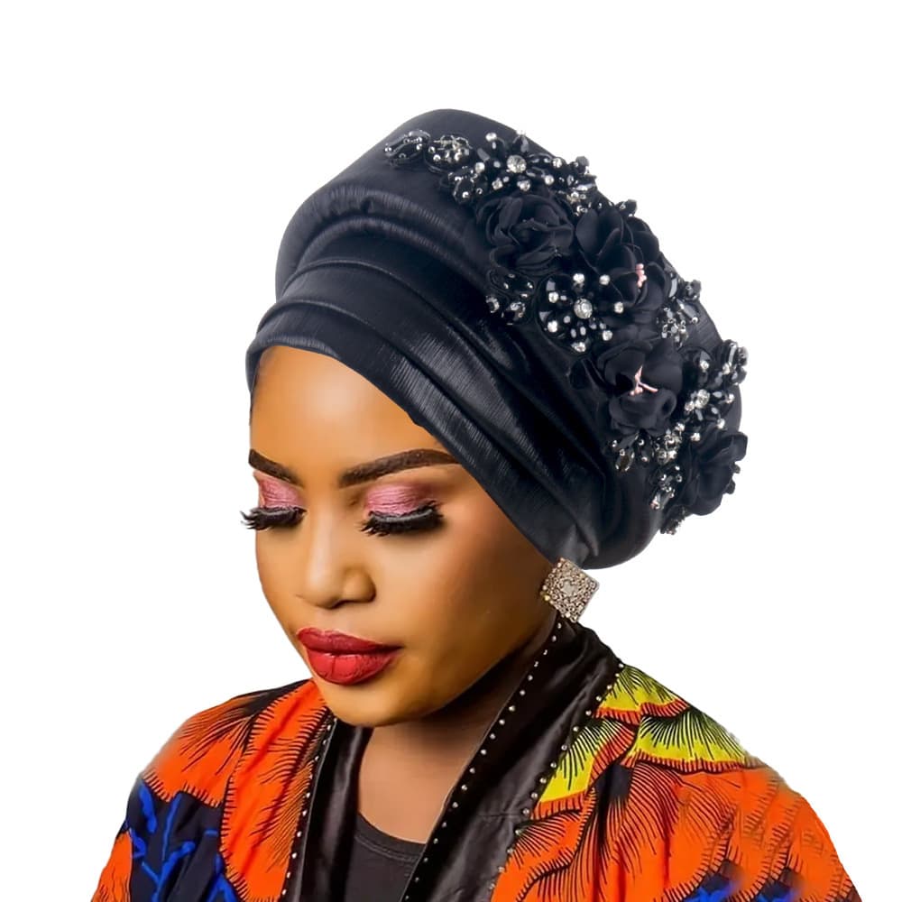 Women's Black Turban Hat with Beaded Floral - Black Embellishments Headwrap