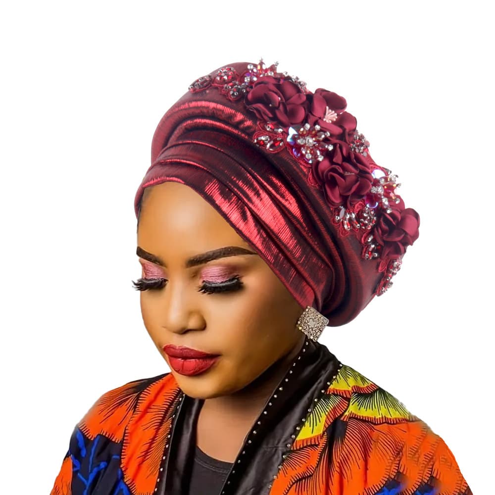 Women's Burgundy Turban Hat with Beaded - Burgundy Floral Embellishments