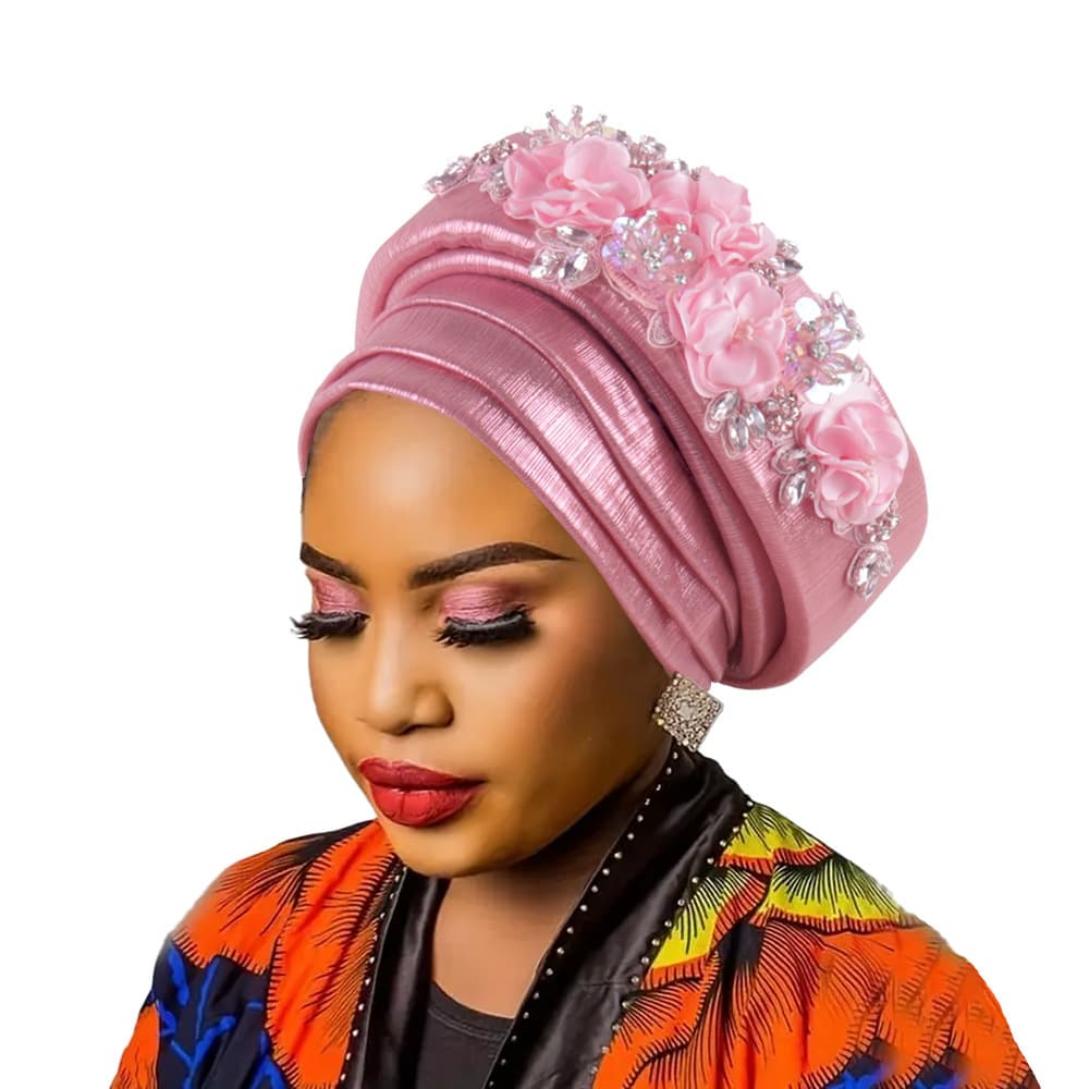Women's Pink Turban Hat with Beaded Floral - Pink Embellishments Headwrap