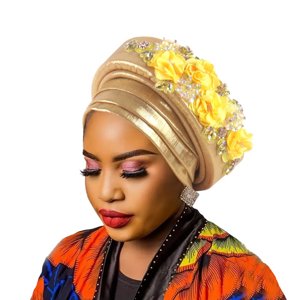Women's Gold Turban Hat with Beaded Floral - Gold Embellishments Headwrap