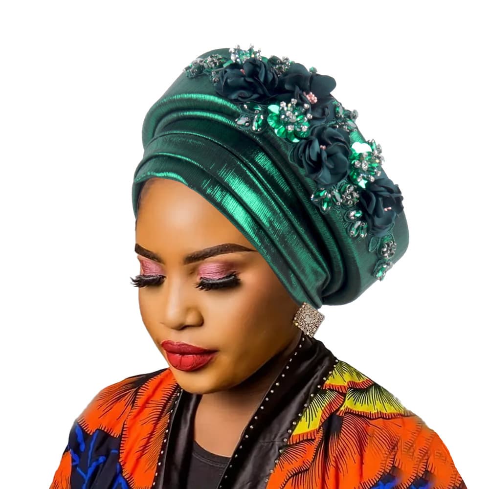 Women's Green Turban Hat with Beaded Floral - Green Embellishments Headwrap