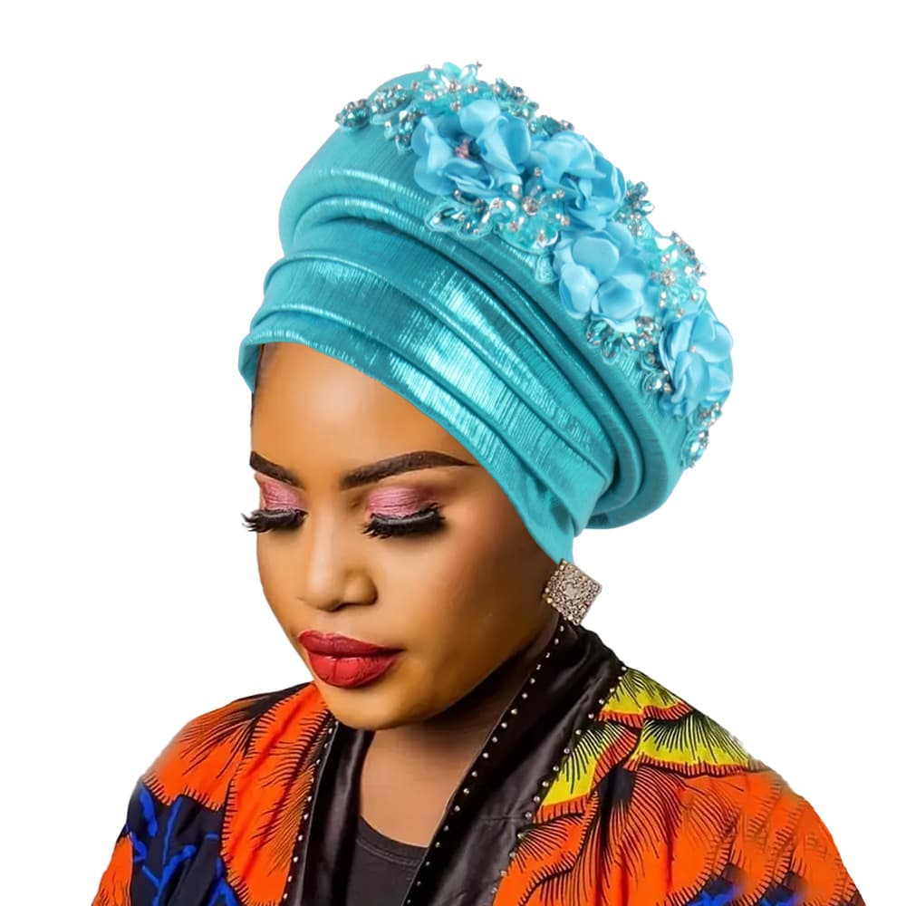 Women's Lake Blue Turban Hat with Beaded - Lake Blue Floral Embellishments