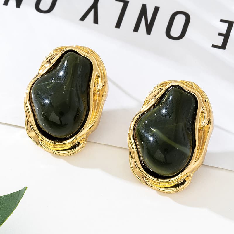 A Pair of Vintage Baroque Statement Earrings - Chunky Gold Tone - Dark Green