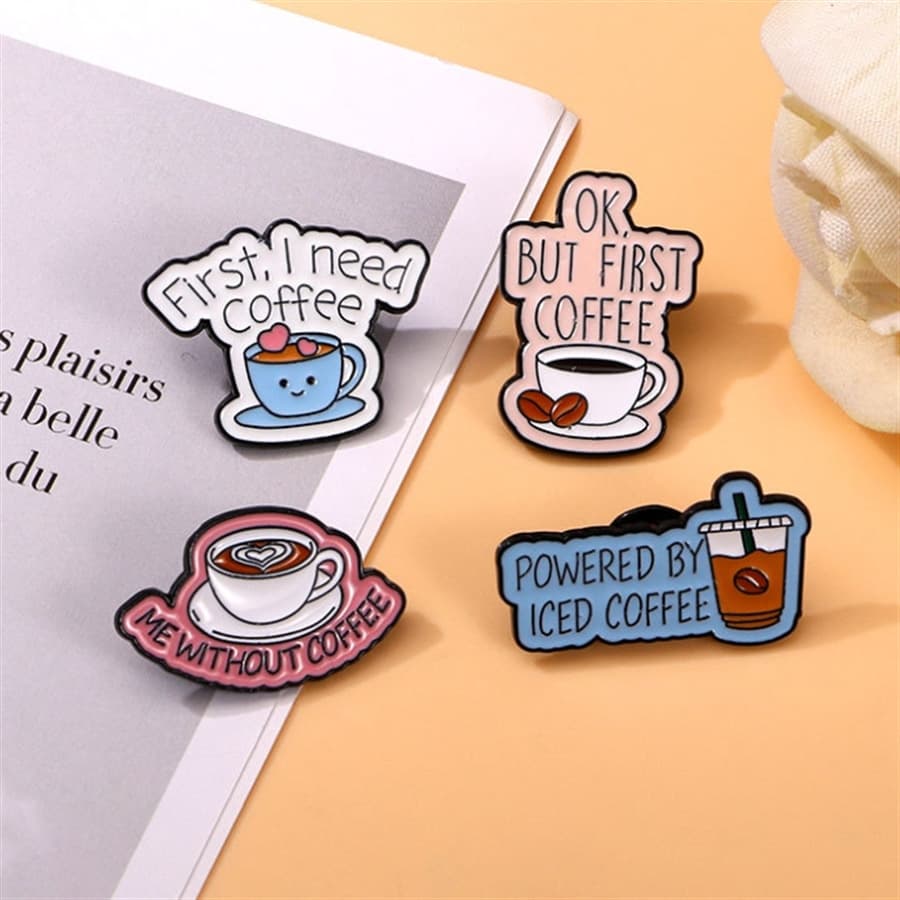 4 Pieces Cartoon Coffee Lovers Enamel Pin Set Zinc Alloy Coffee Cup Badges