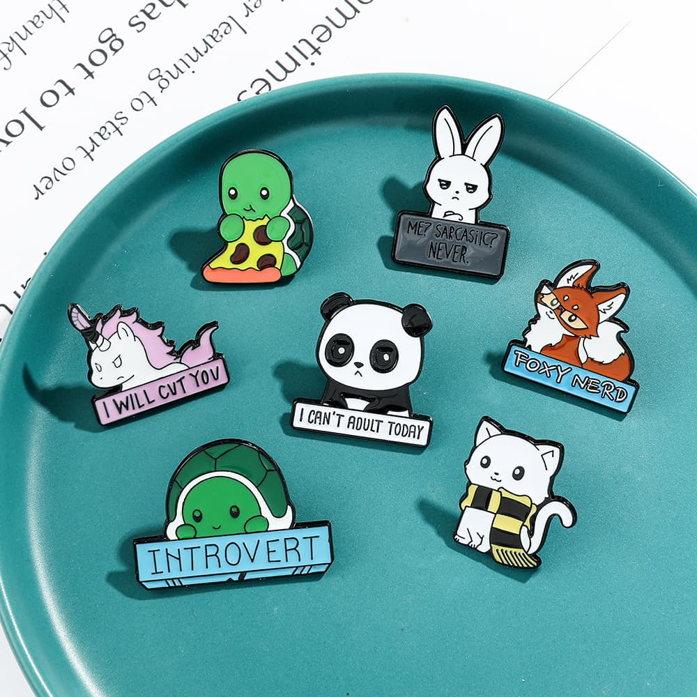 6-Piece Funny Animal Enamel Pins - Rabbit, Cat, Turtle, Fox, Panda & Unicorn