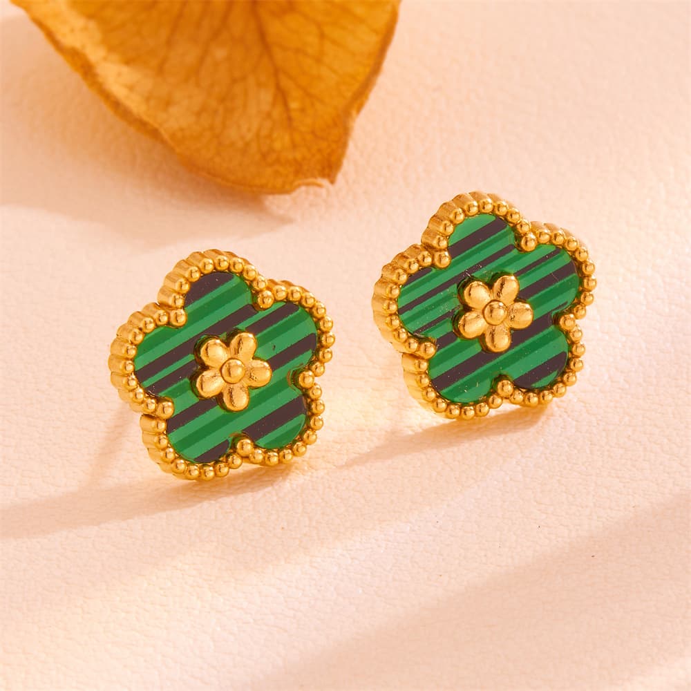 Green Shell Five-Petal Flower Stud Earrings - 18K Gold Plated - 13mm