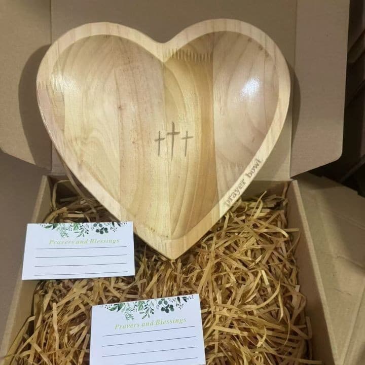 Handcrafted Heart Shaped Wooden Prayer Bowl with Prayer Cards and Raffia