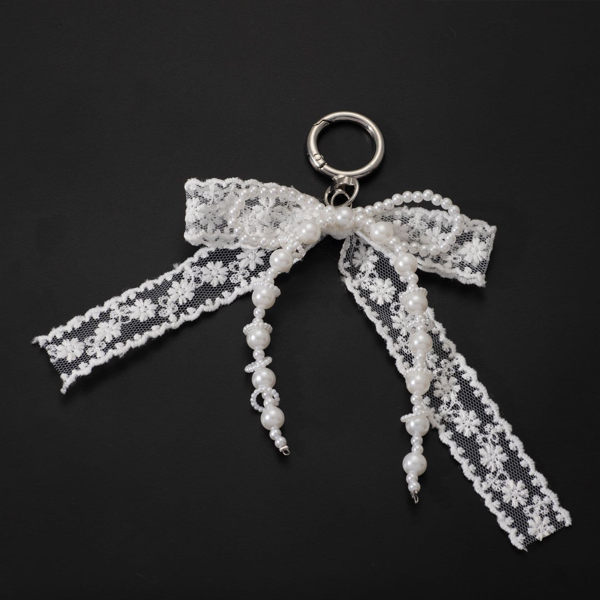 Korean Style Designer Faux Pearl and Fabric Bow Bag Charm White Ribbon Bow