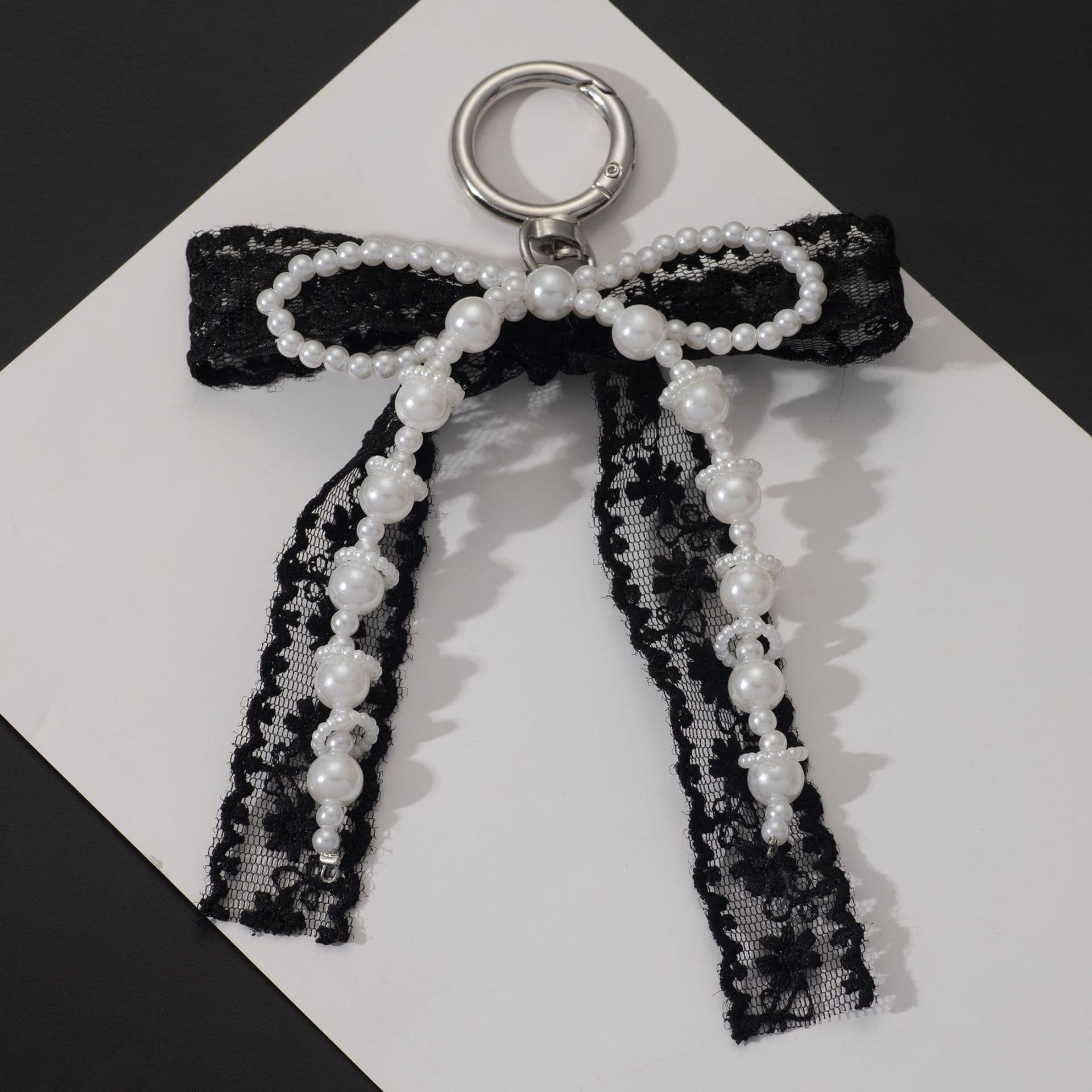 Korean Style Designer Faux Pearl and Fabric Bow Bag Charm Black Ribbon Bow