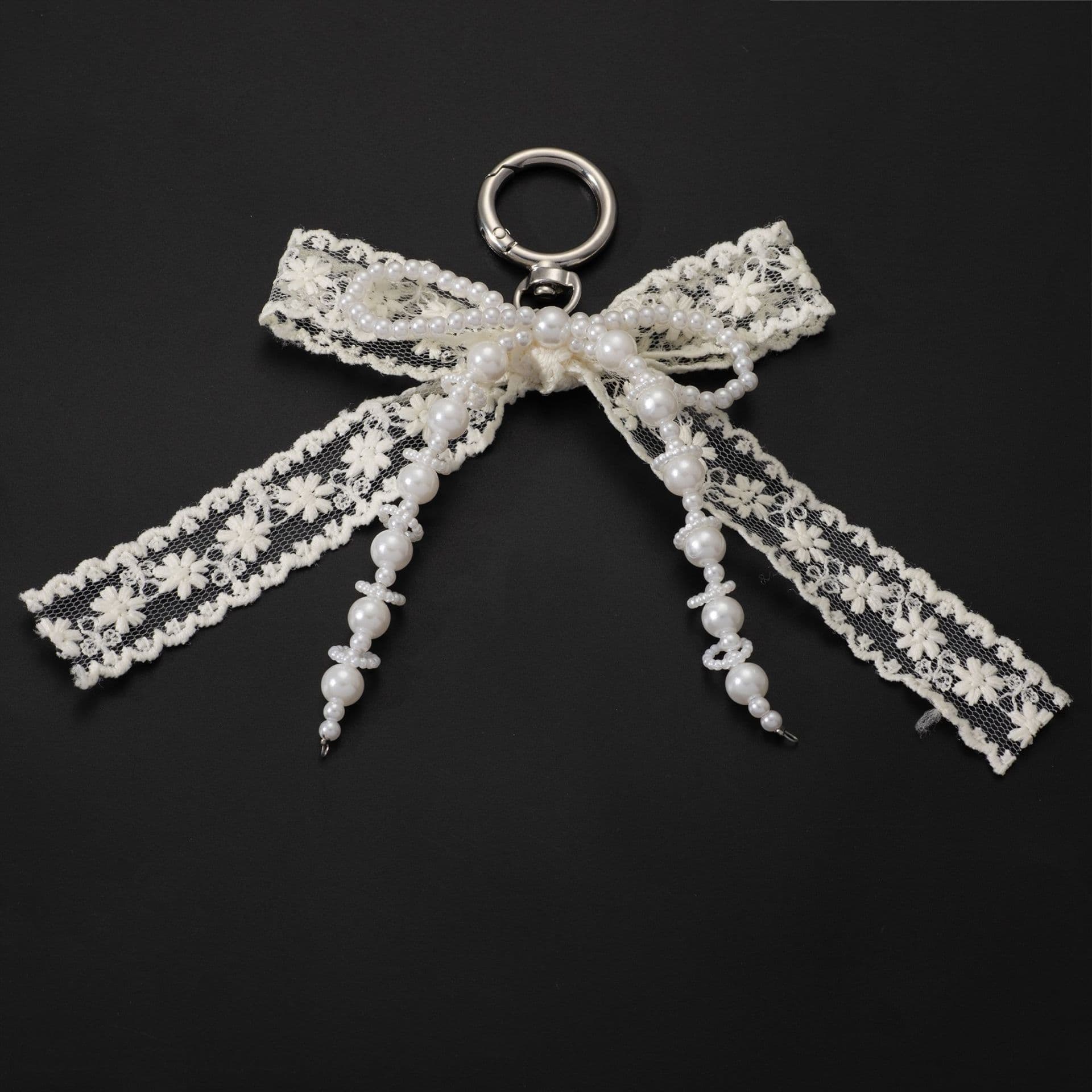 Korean Style Designer Faux Pearl and Fabric Bow Bag Charm Beige Ribbon Bow