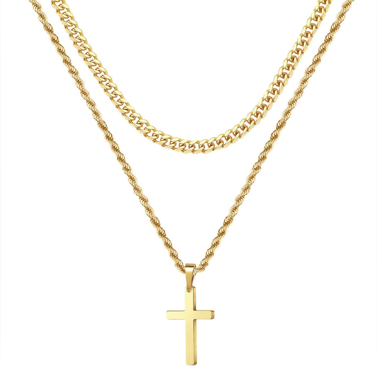 Double Layer Gold Tone Cross Pendant Necklace Set Cuban Link - Gold Pendant