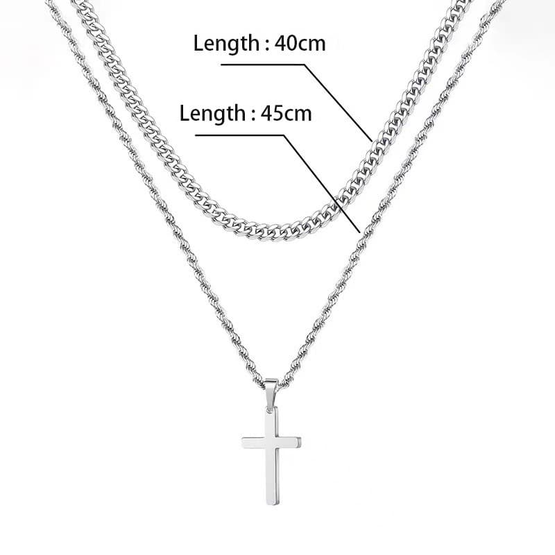 Double Layer Silver Tone Cross Pendant Necklace Set Cuban Link & Rope Chain