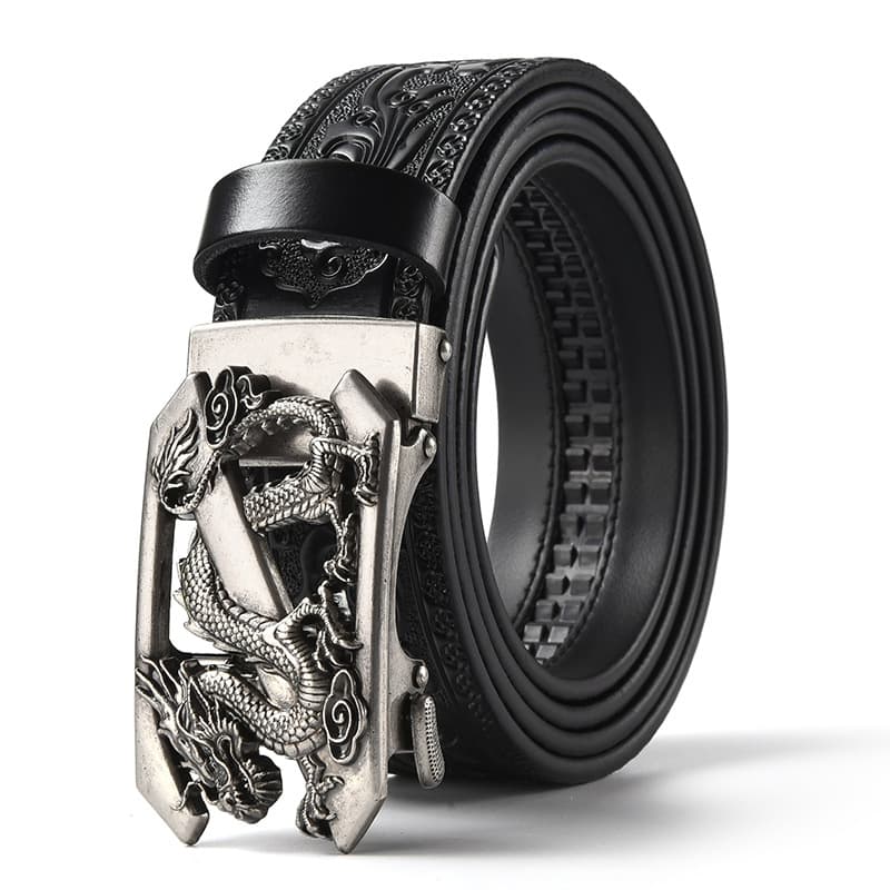 Black 120 cm Men's Genuine Cowhide Vintage Carved Belt with Silver Dragon