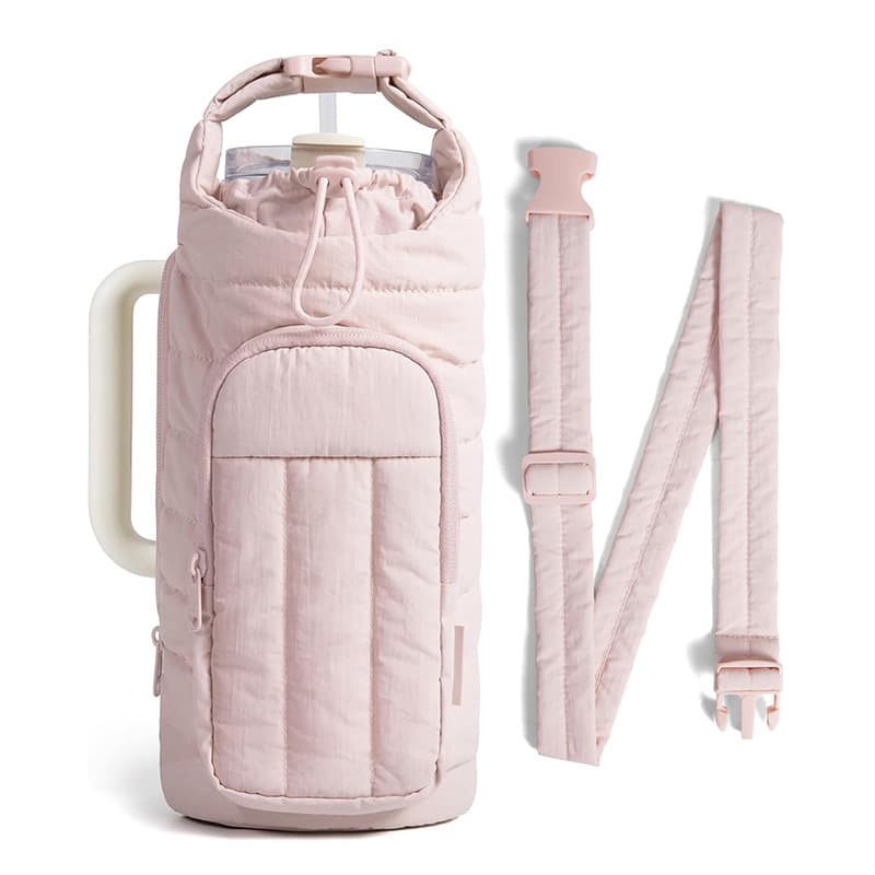 Pink Nylon Quilted Insulated Water Bottle Bag for 18-64oz Flask