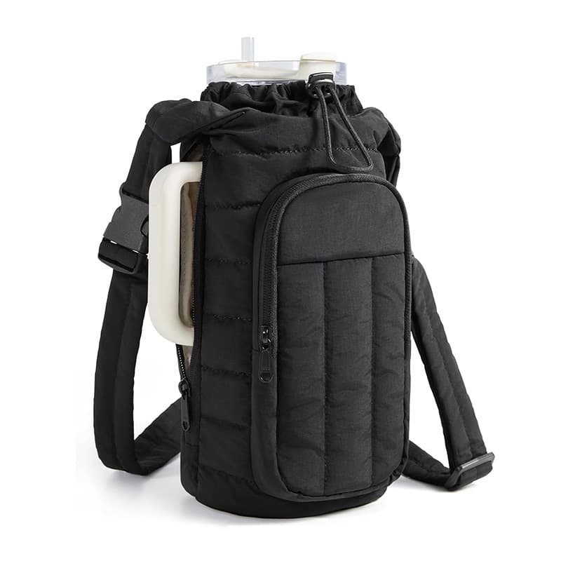 Black Nylon Quilted Insulated Water Bottle Bag for 18-64oz Flask