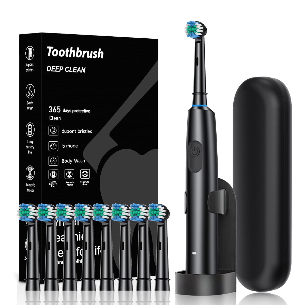 Black Rotating Round Head Electric Toothbrush Kit with 8 Heads - Black 8