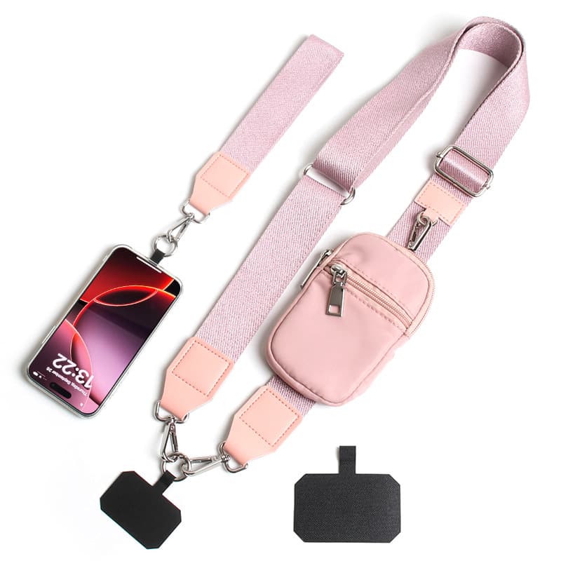 Pink Versatile Crossbody Phone Lanyard with Detachable Mini Pouch - Twill