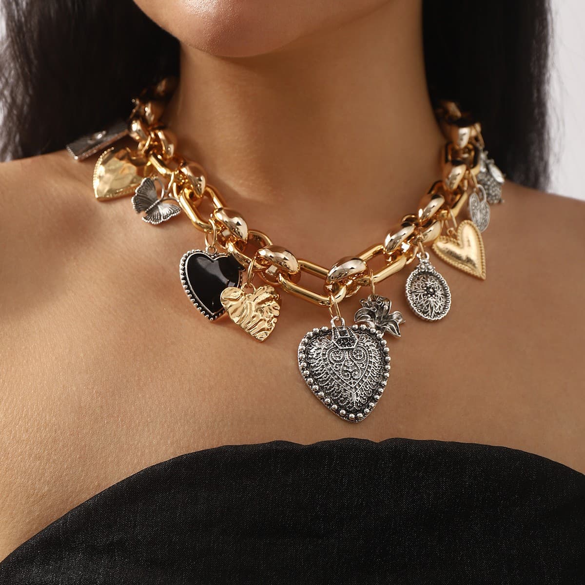 European and American Statement Exaggerated Heart & Floral Rhinestone - Gold