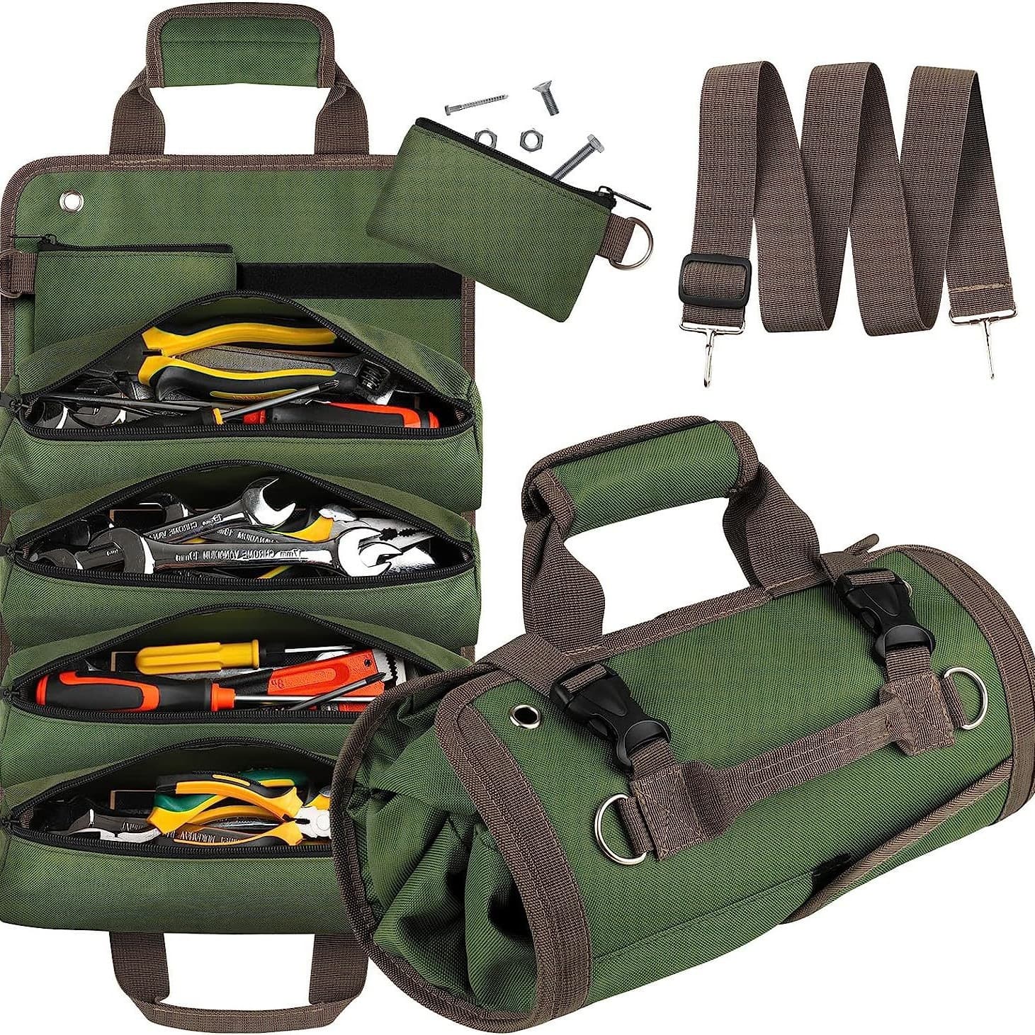 Green Heavy-Duty Oxford Cloth Roll-Up Tool Organizer - Detachable