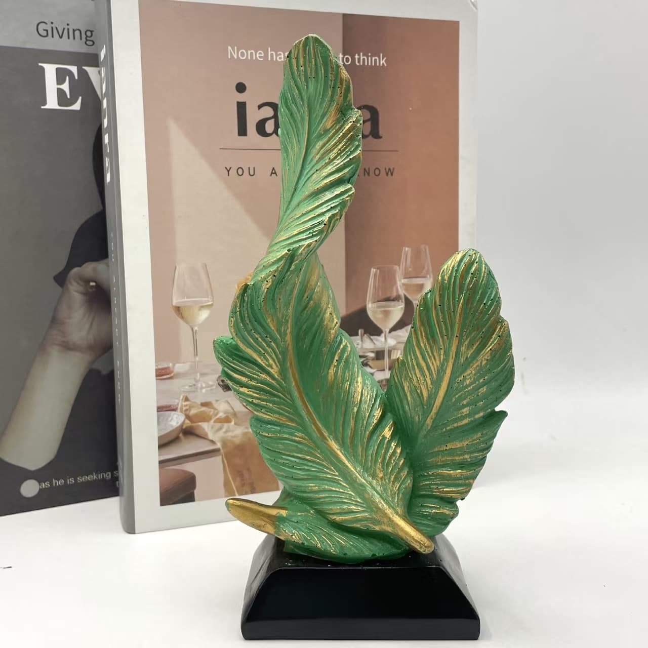 Green Artistic Resin Dual Feather Sculpture - Minimalist Home Decor
