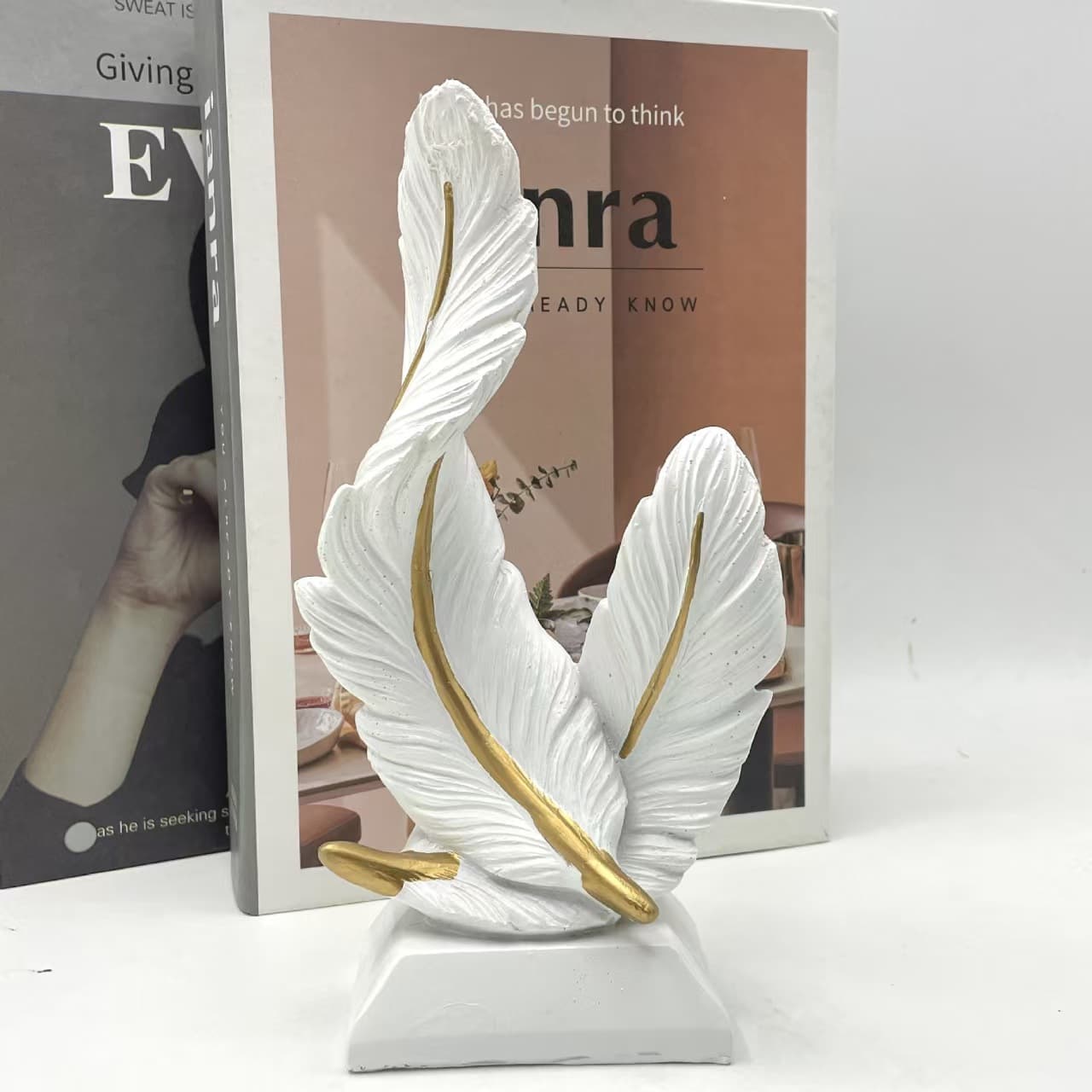 White Artistic Resin Dual Feather Sculpture - Minimalist Home Decor