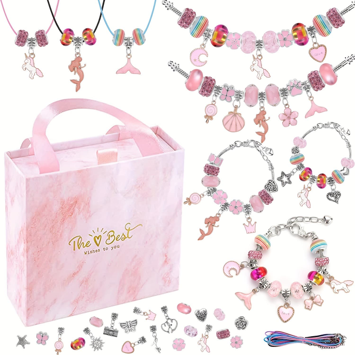 67-Piece Pink DIY Charm Necklace & Bracelet Making Kit - Creative Jewelry