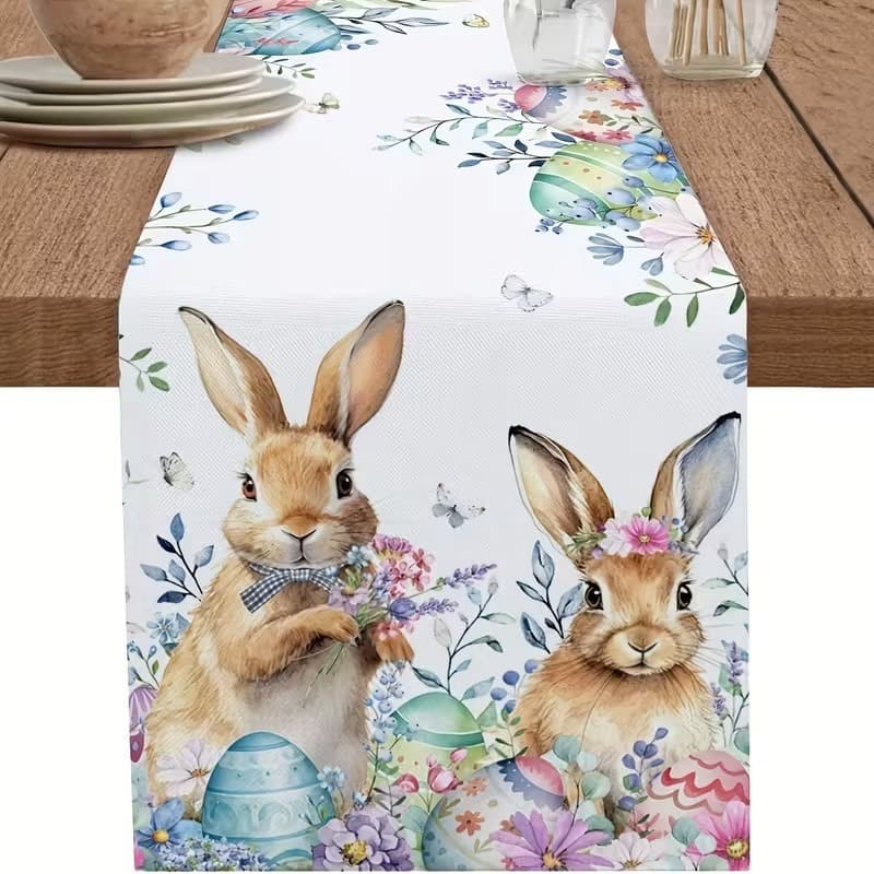 33 × 183 cm Festive Easter Linen Table Runner - Cartoon Bunny - Style-1