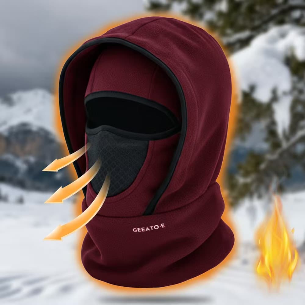 Wine Red Windproof Thermal Balaclava Hood - Full Face Mask & Polar Fleece