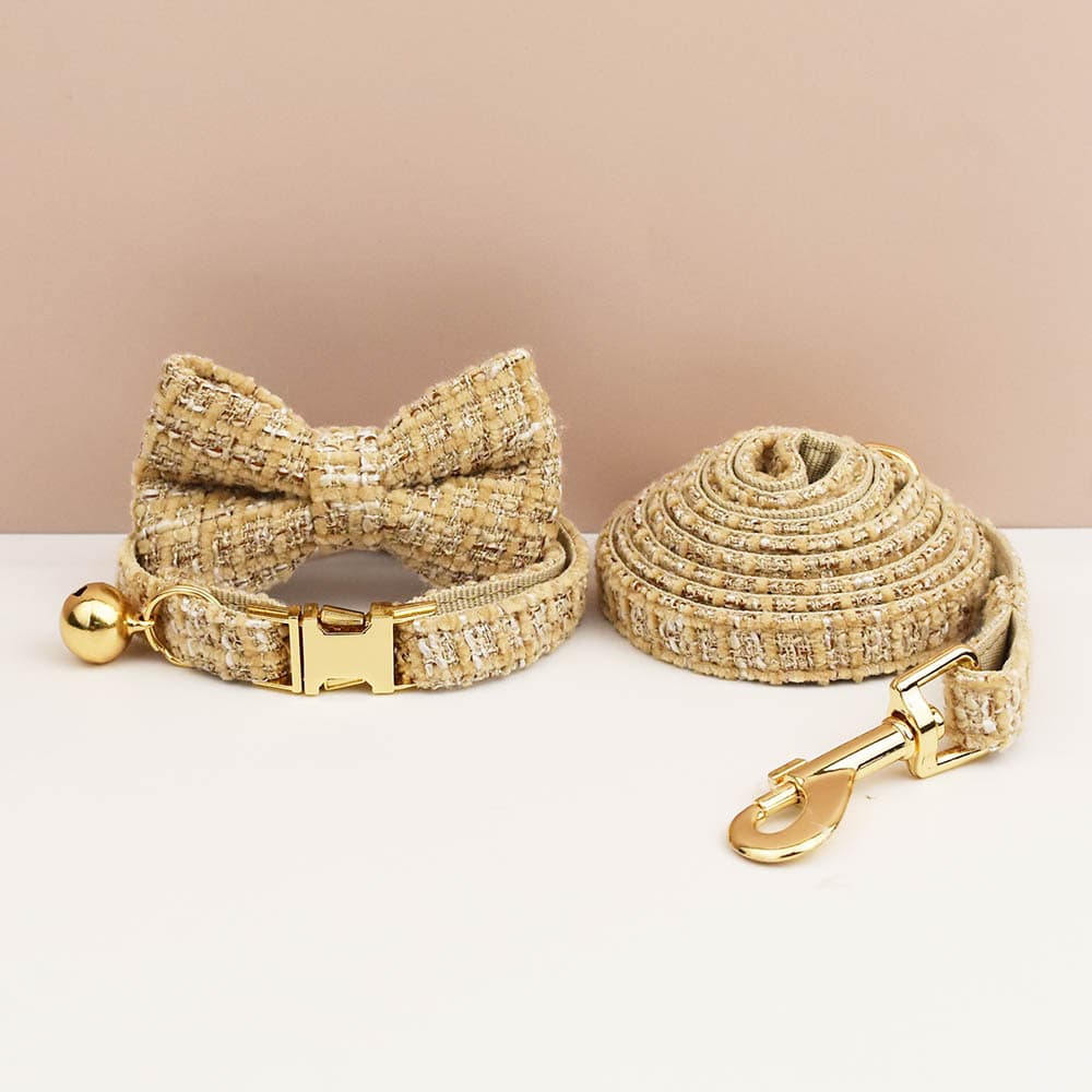 S Khaki Tweed Pet Collar and Leash Set - Adjustable Cat and Small Dog Collar