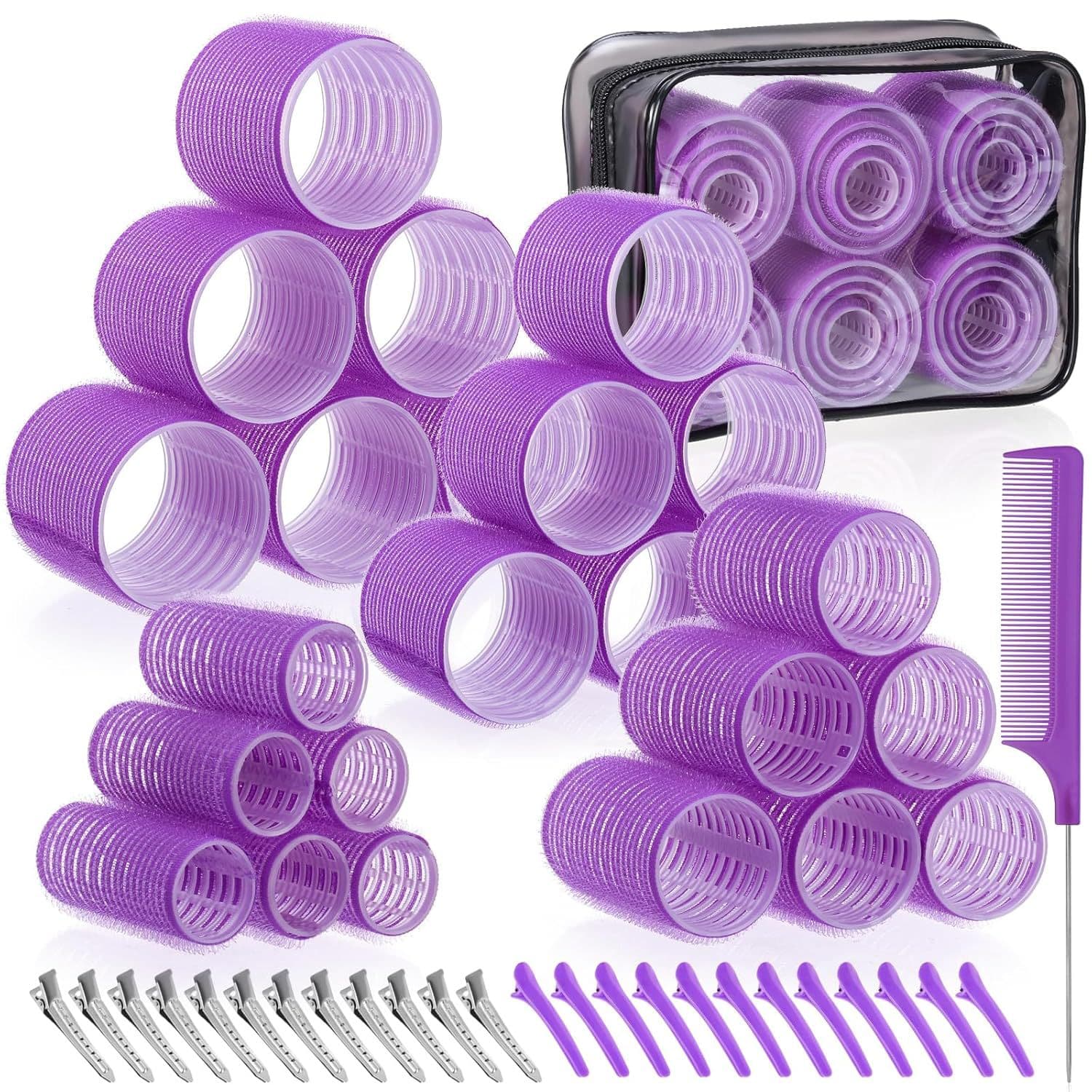 Purple 50-Piece Professional Hair Roller Set - Multi-Size Self-Grip Velcro
