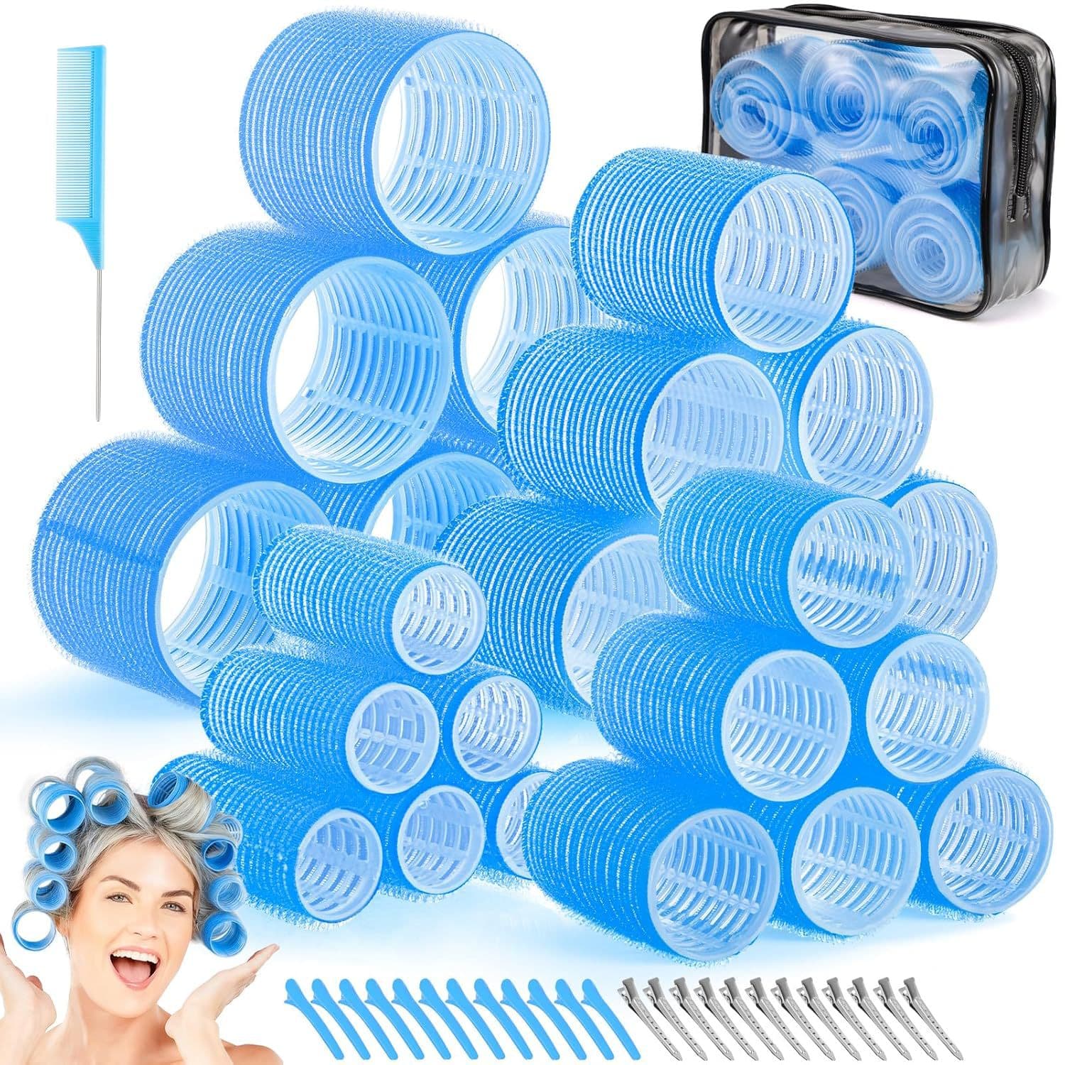 Blue 50-Piece Professional Hair Roller Set - Multi-Size Self-Grip Velcro