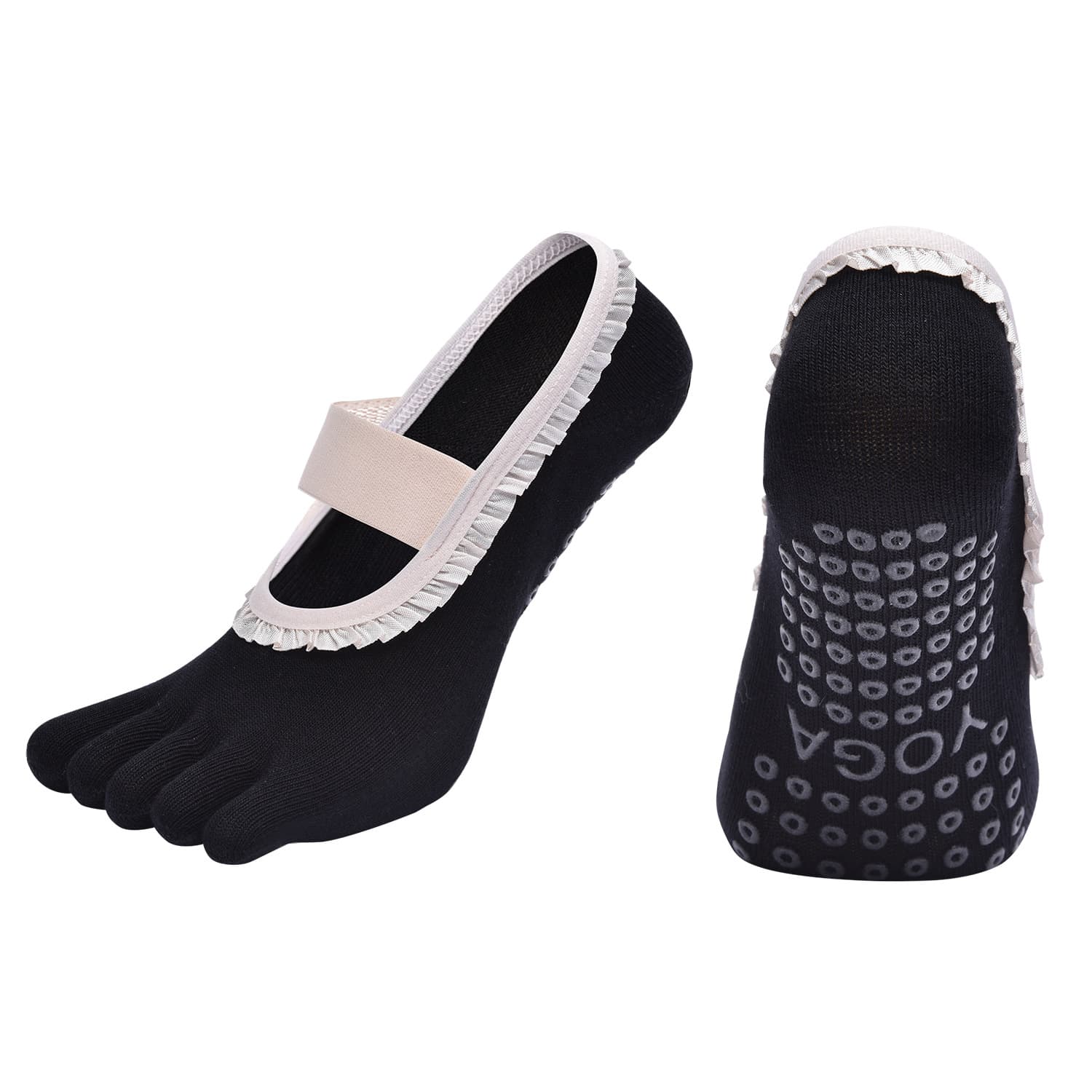 Black 2-Piece Women's 5-Finger Ballet Style Yoga Socks - Non-Slip Grip