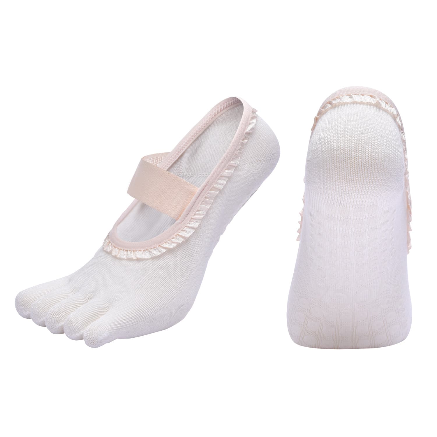 White 2-Piece Women's 5-Finger Ballet Style Yoga Socks - Non-Slip Grip