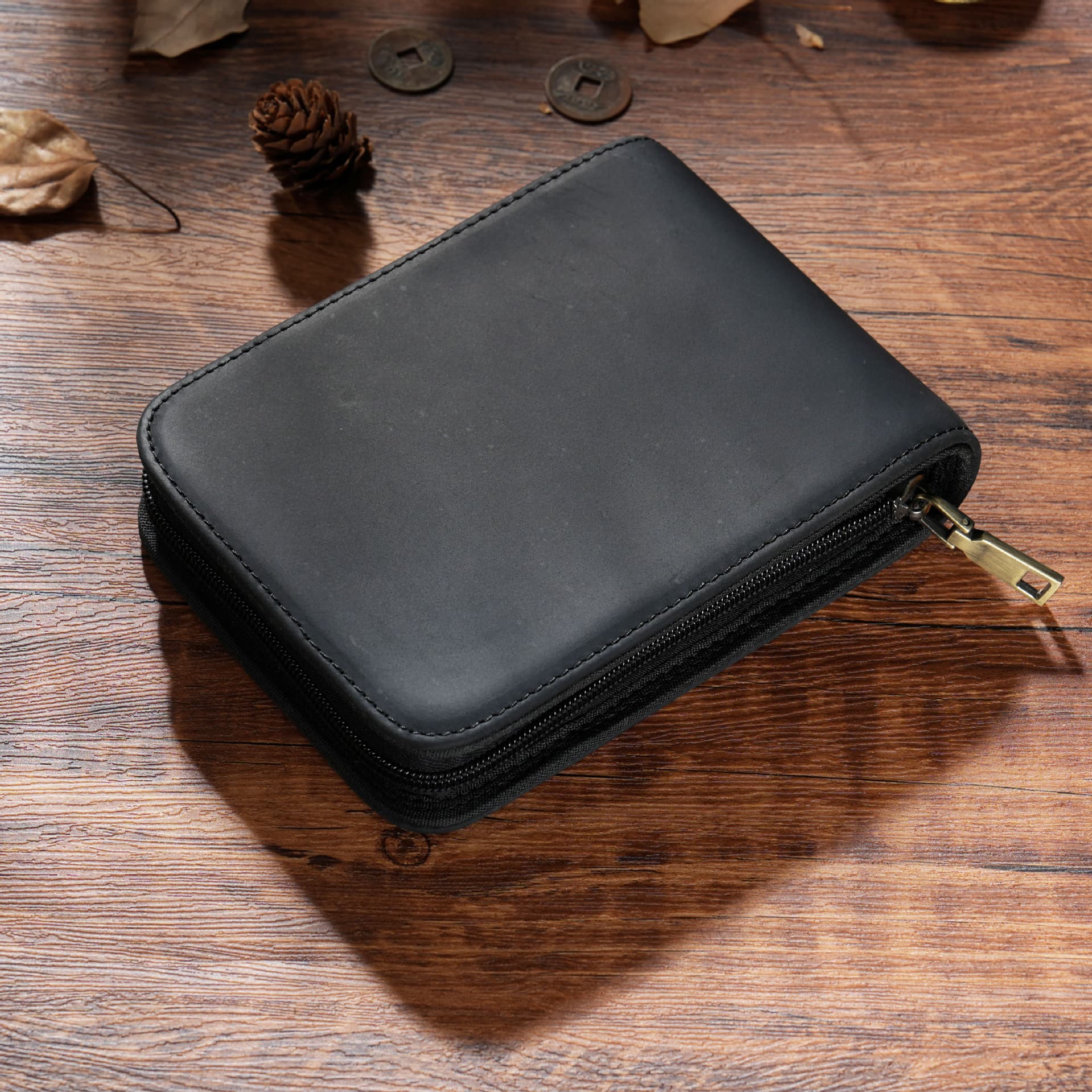 Black 12-Slot Genuine Crazy Horse Leather Fountain Pen Case - Handcrafted