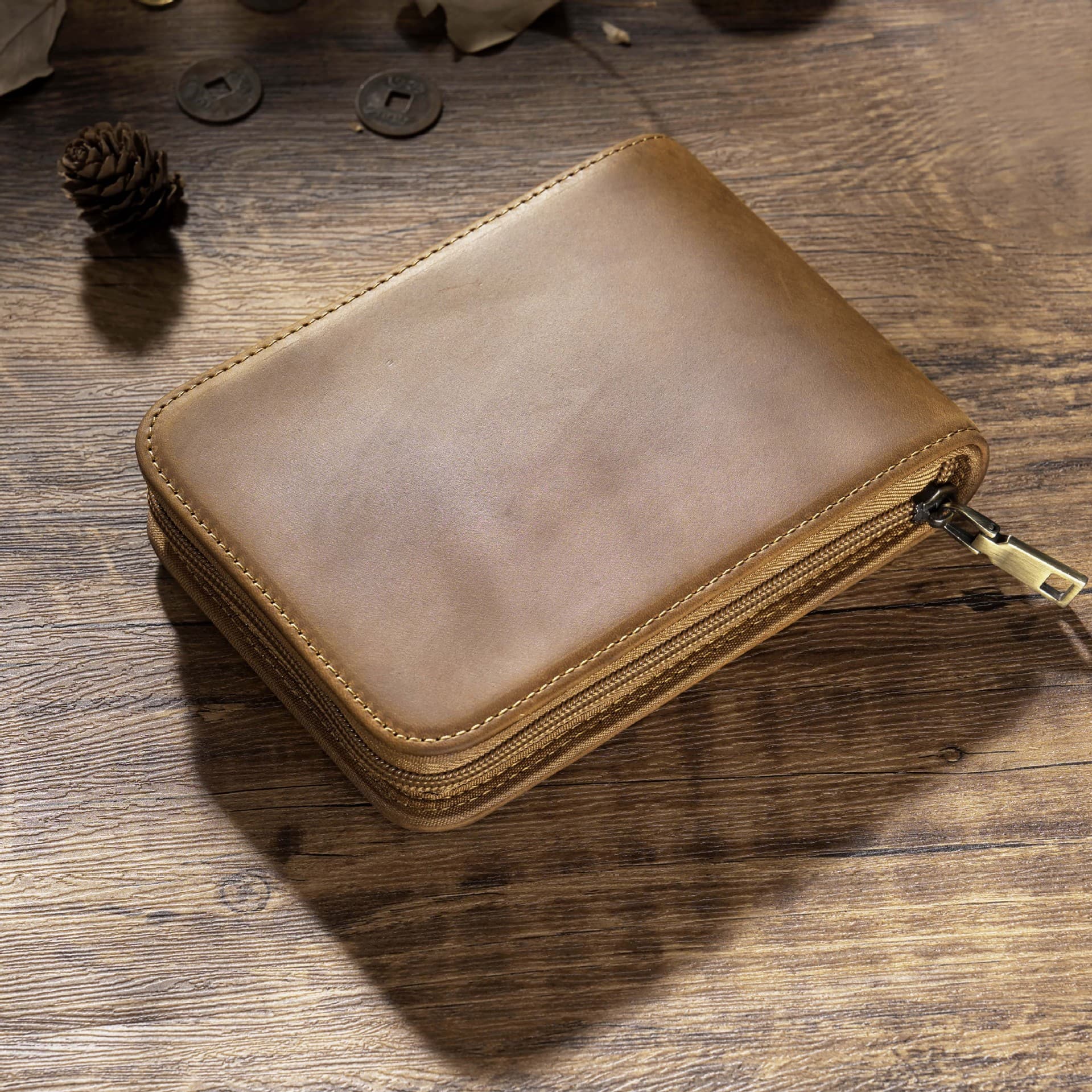 Brown 12-Slot Genuine Crazy Horse Leather Fountain Pen Case - Handcrafted