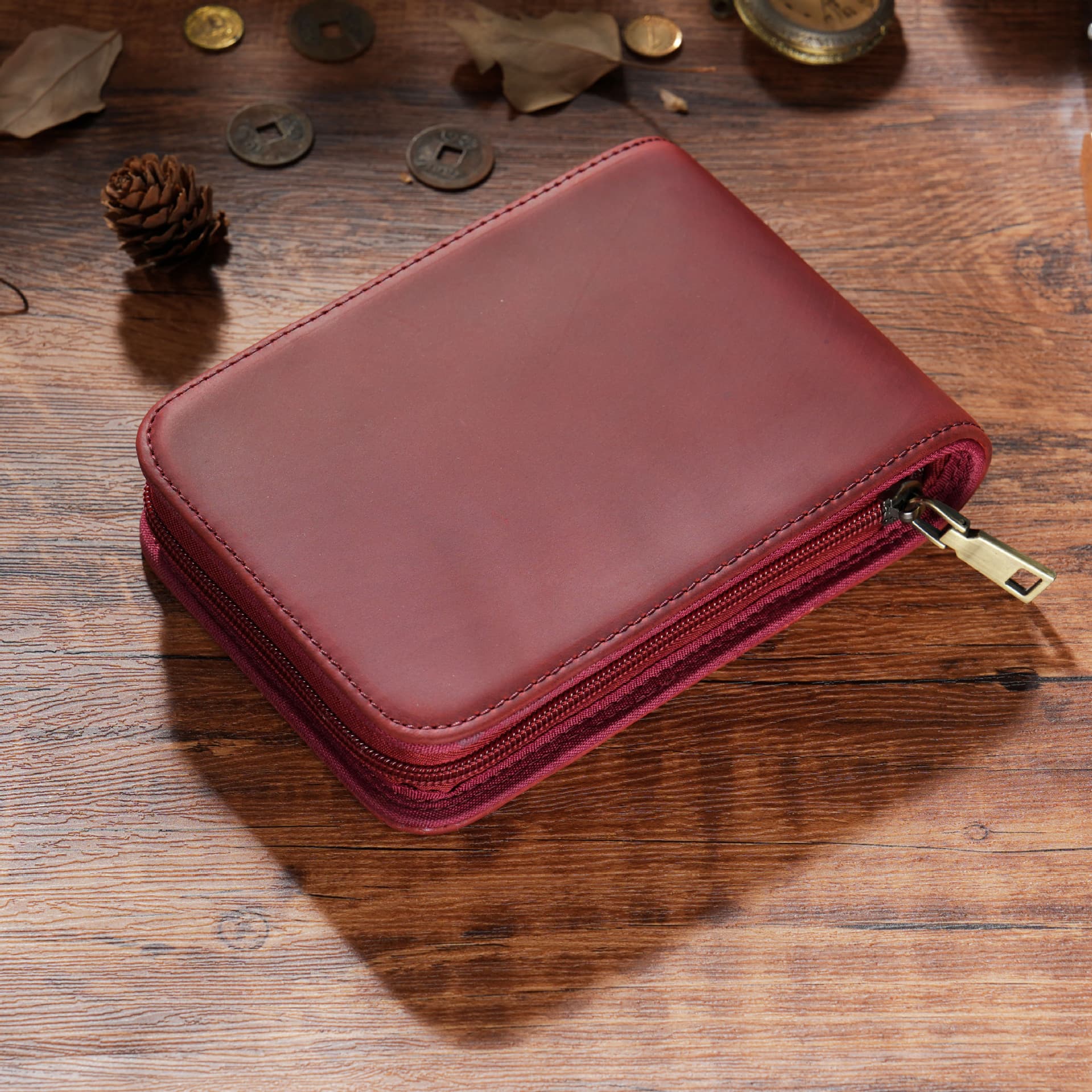 Wine Red 12-Slot Genuine Crazy Horse Leather Fountain Pen Case - Handcrafted