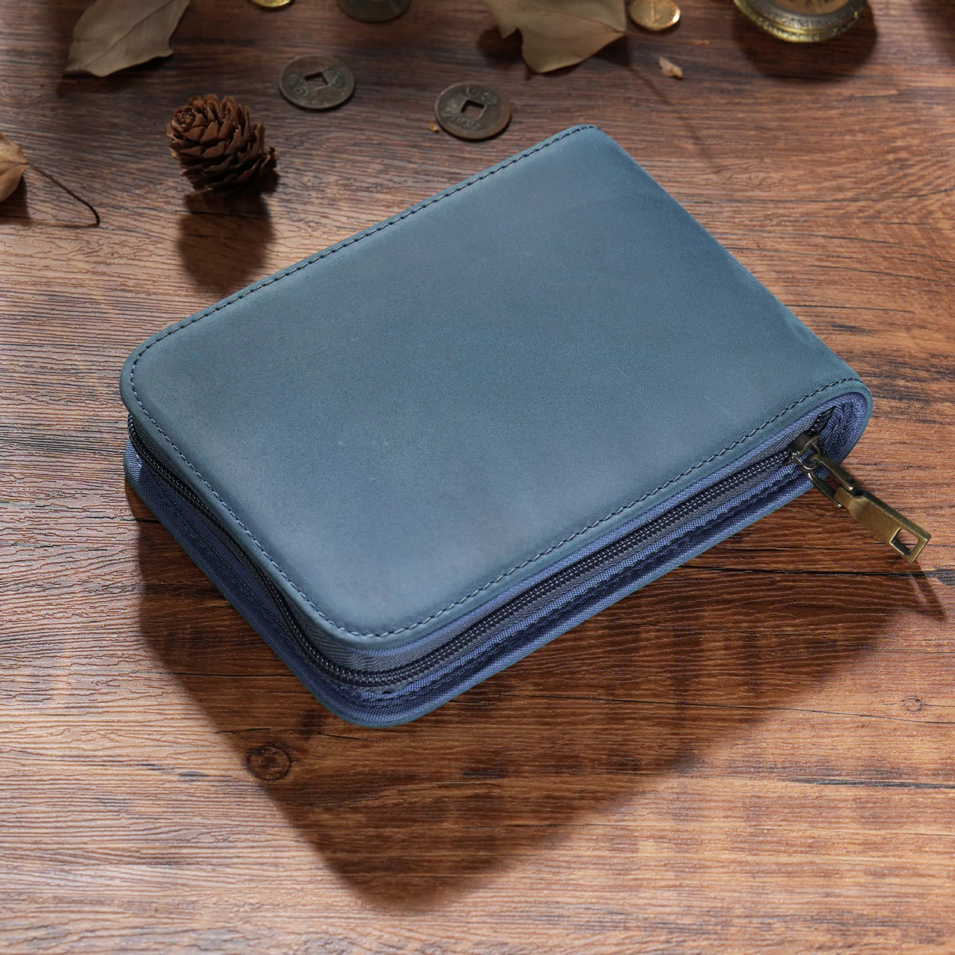Blue 12-Slot Genuine Crazy Horse Leather Fountain Pen Case - Handcrafted