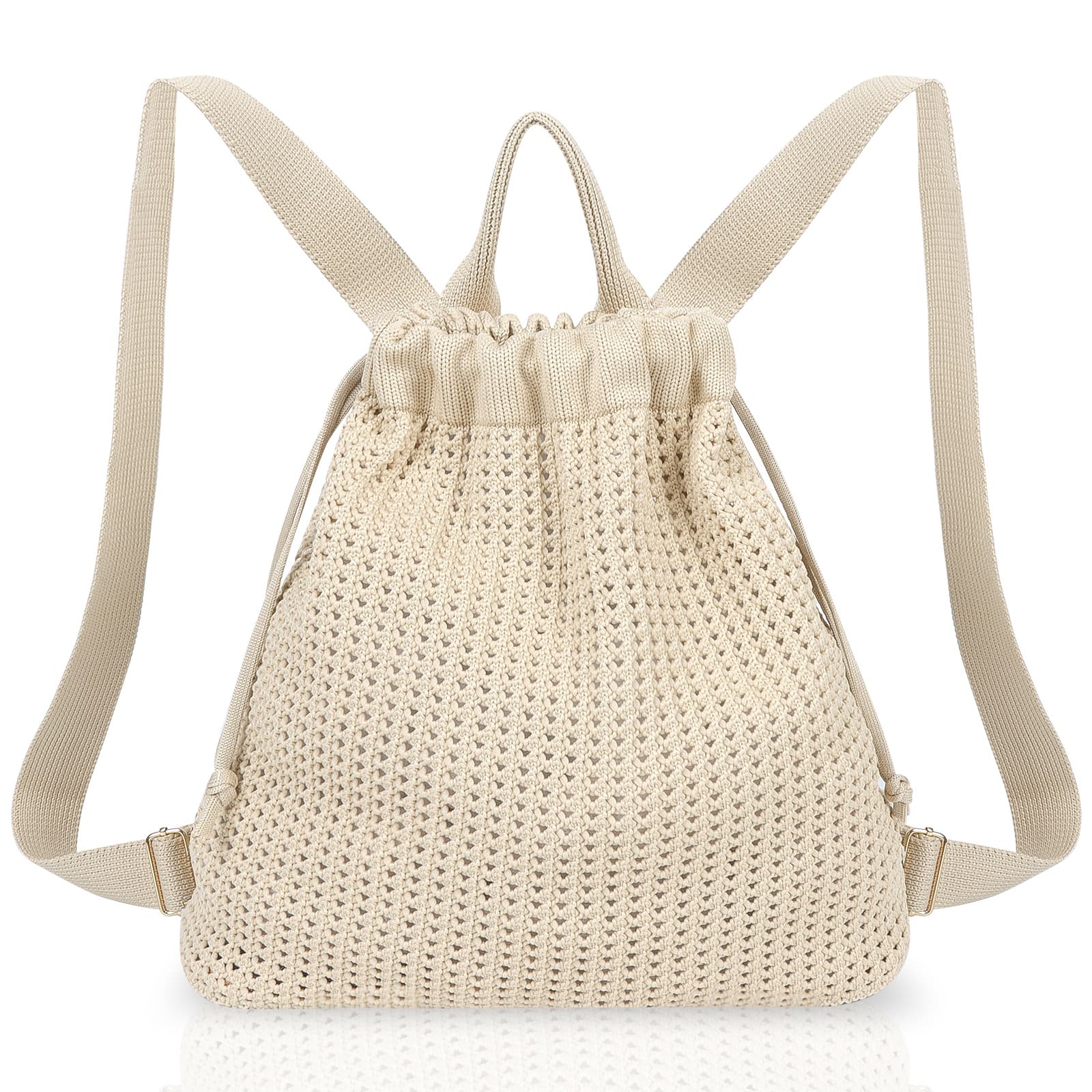 Khaki Bohemian Crochet Knit Drawstring Backpack - Hand-Woven Versatile Tote