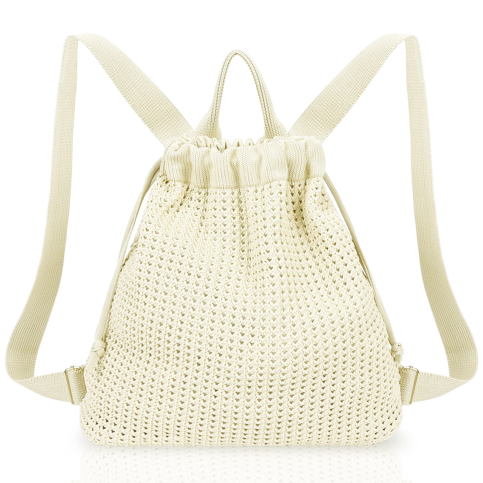 Beige Bohemian Crochet Knit Drawstring Backpack - Hand-Woven Versatile Tote