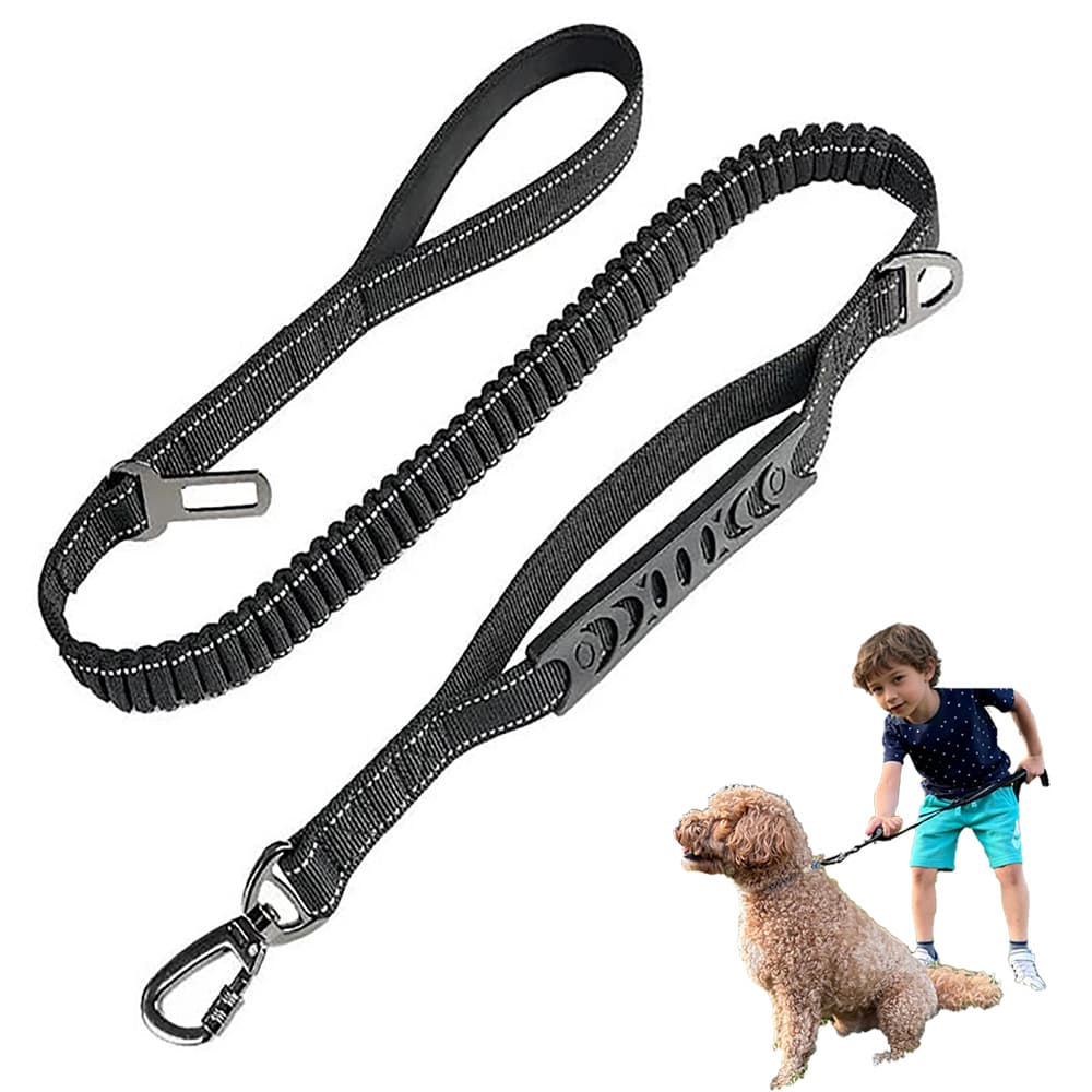 Black Heavy Duty Elastic Bungee Dog Leash - Anti-Pull Safety - Black Dog