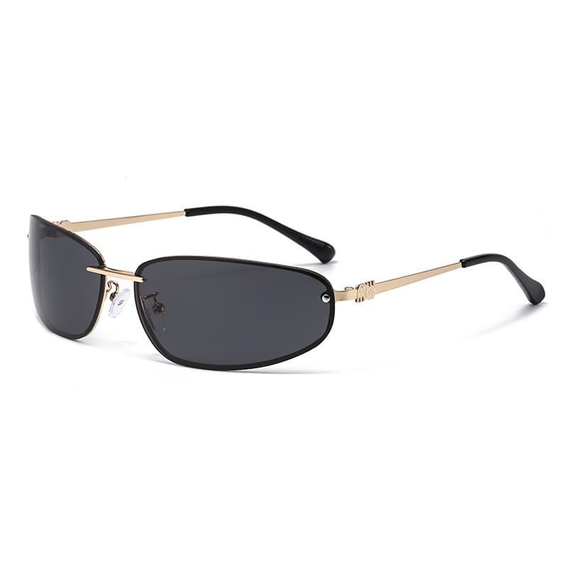 Gold-rimmed Black-and-grey Lenses 2-Piece Retro Y2K Rimless Oval Sunglasses
