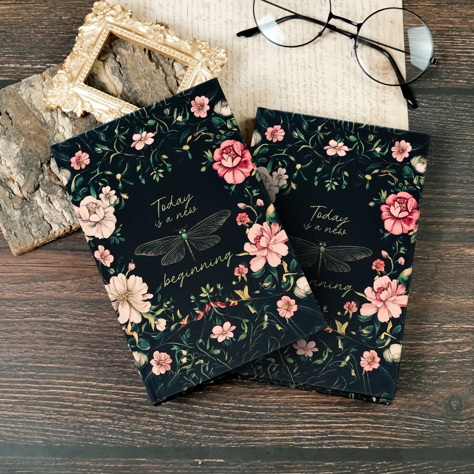 2-Piece Vintage Floral Hardcover Notebook - Today is a New Beginning