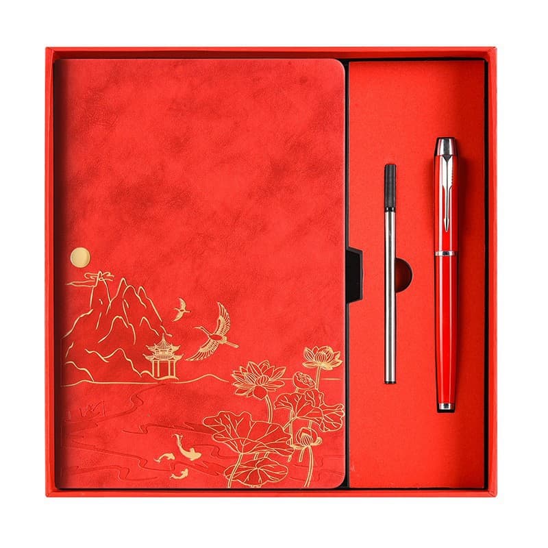 Red A5 Notebook Gift Set with Pen - Red PU Leather - Lotus & Crane Design