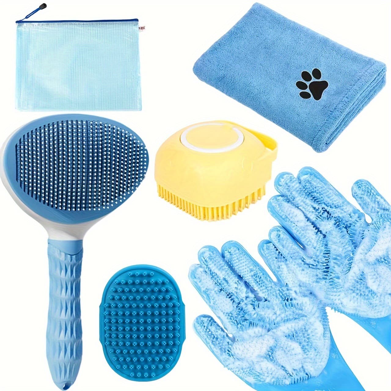 Blue 6-Piece Dog Grooming Bath Set - Absorbent Microfiber Towels & Wash