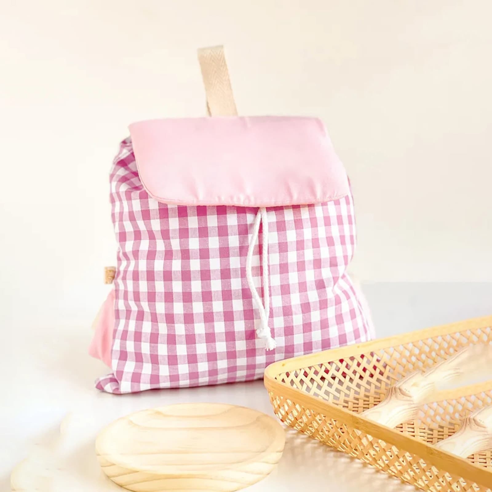 Pink Trendy Gingham Checkered Canvas Backpack - Aesthetic Student School Bag