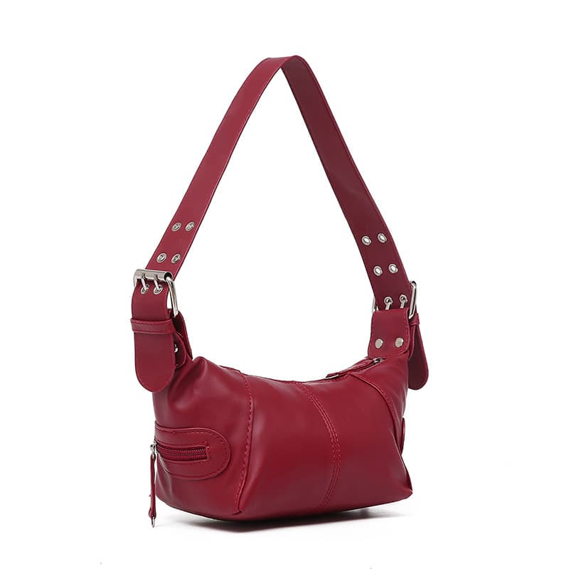 Red PU Leather Zippered Shoulder Bag - Retro European Style Crossbody
