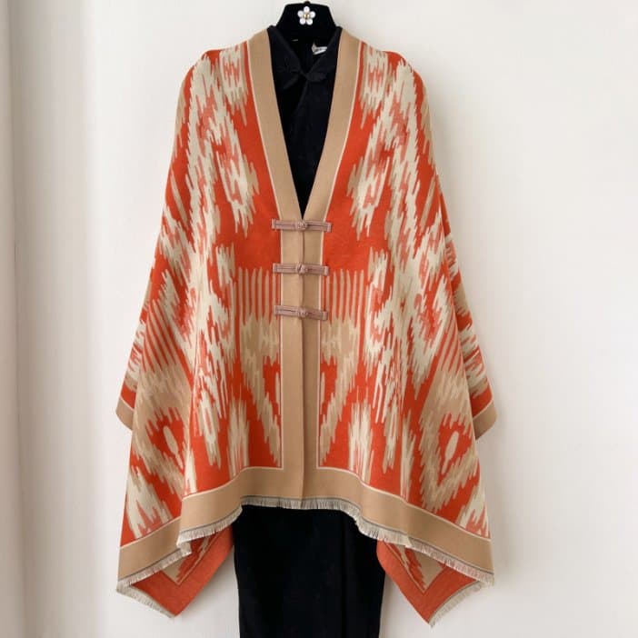 Orange New Style Buttoned Shawl - Double-Sided Winter Scarf with Ethnic
