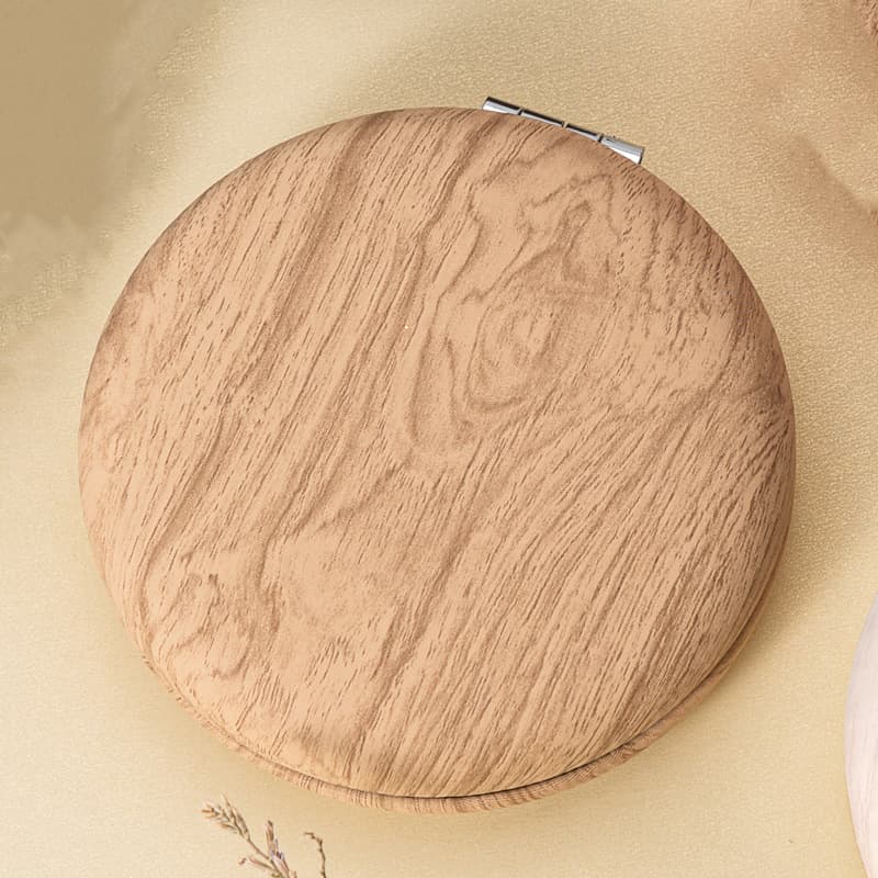2-Piece Khaki Portable Wooden-Style Makeup Mirror - Dual-Sided