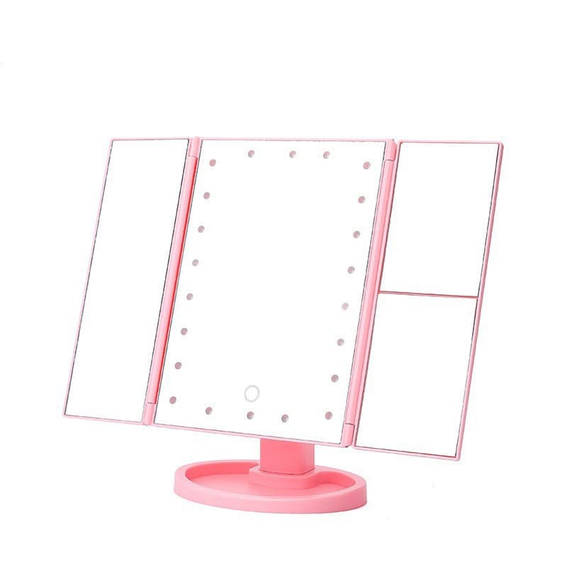 Pink 360° Rotating LED Tri-Fold Makeup Mirror - 22-Bulb Illuminated Vanity
